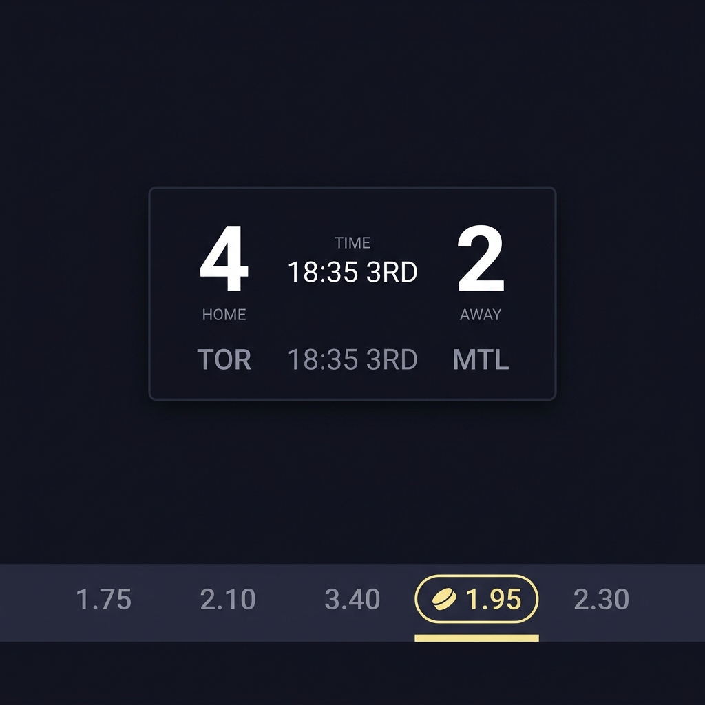 Minimal hockey scoreboard showing a two goal margin 4 to 2 with a row of betting odds and a highlighted puck line odd on a Funded Plays dark minimalist background