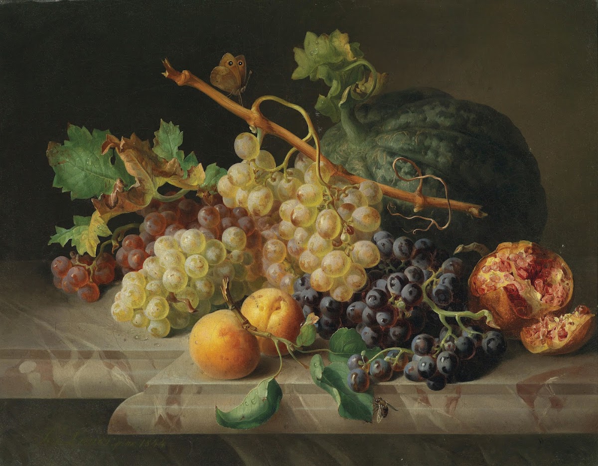 Stillleben mit Granatapfel Weintrauben und Melone 1844