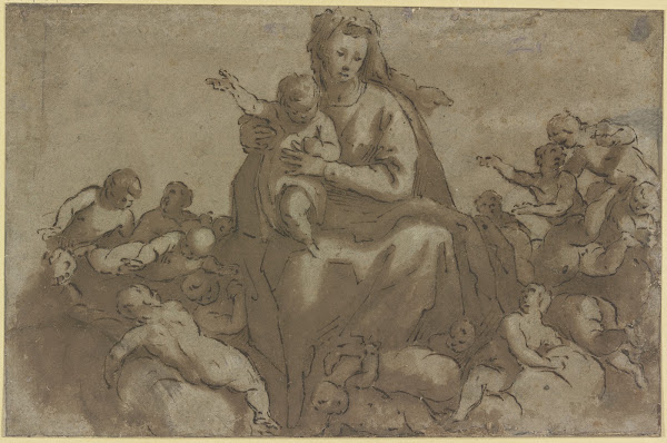 Madonna mit Kind in Wolken von Engeln umgeben