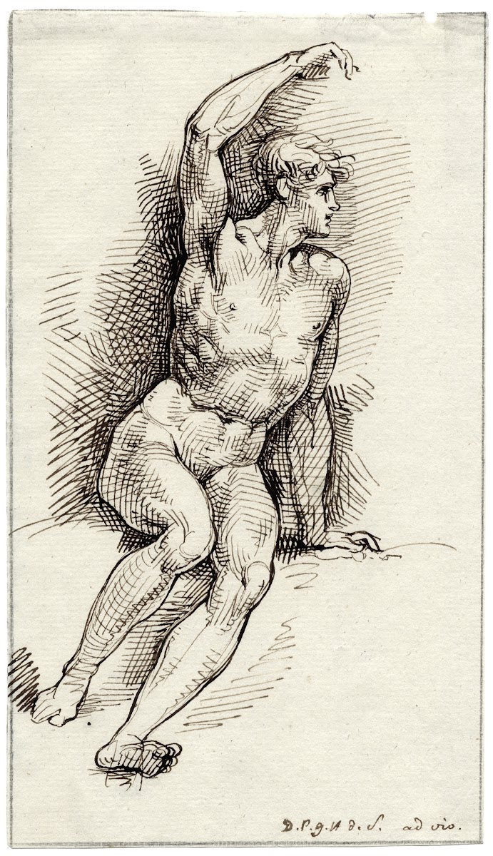 Zittend mannelijk naakt met geheven arm