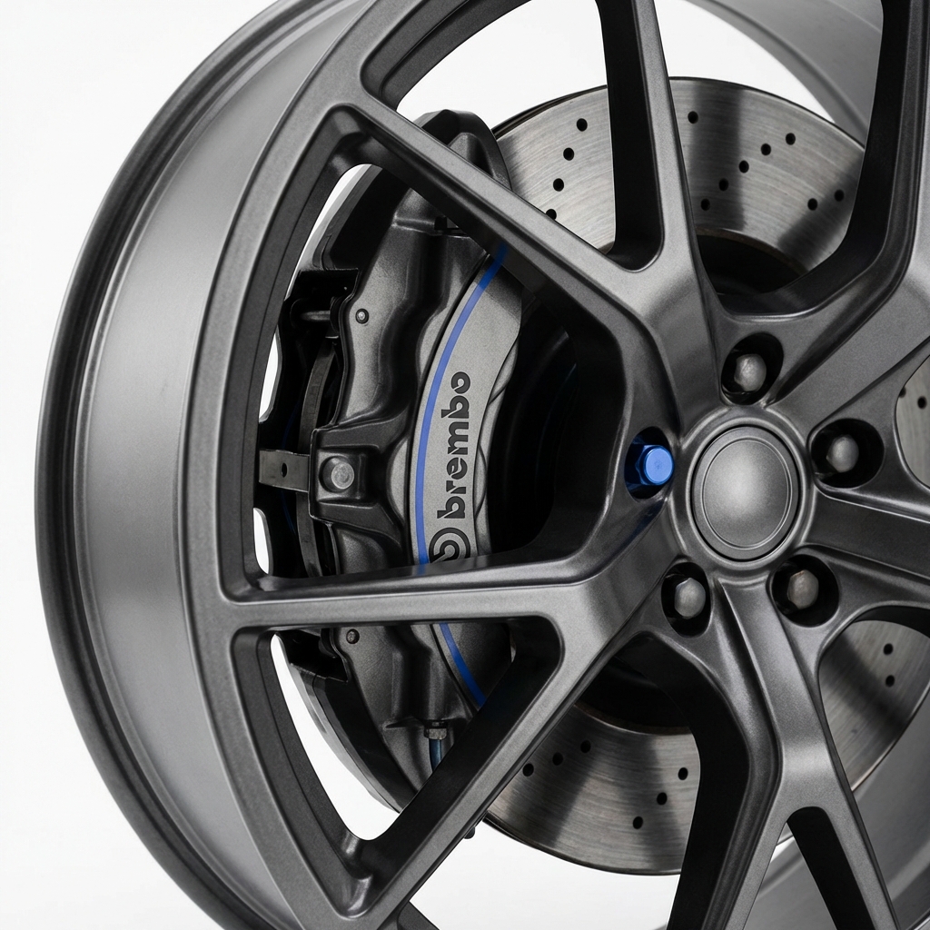 Close up of Brembo brake caliper and wheel on a Grand Cherokee Trackhawk minimalist white background for trackhawk for sale listing