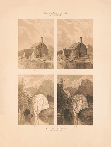 Landscape studies in sepia Buildings sky rocks etc 1876
