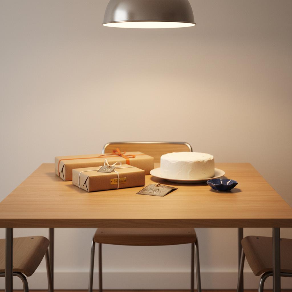 Esszimmer mit Holztisch, Vanillekuchen und dezenten Geschenken, Fokus auf Metallanhänger und kleine Plakette — geschenke zum 60. geburtstag frau