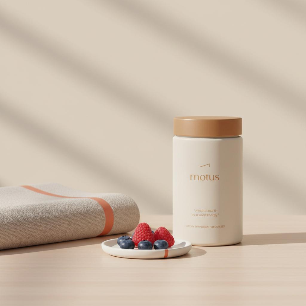 can vitamin d reduce belly fat - Tonum Motus bottle on light wooden table with folded fitness towel and small plate of berries, minimalist weight-loss lifestyle scene