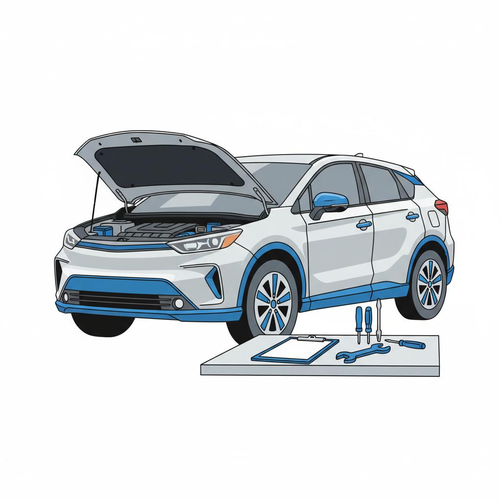 Vector illustration of a hybrid SUV with open hood and service clipboard in a minimalist workshop for toyota rav 4 hybrid for sale
