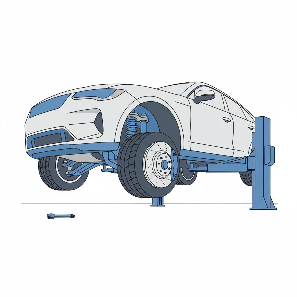 Minimalist 2D vector of a Lamborghini Urus underbody on a lift focusing on suspension and wheel area in a clean white and blue workshop lamborghini urus for sale