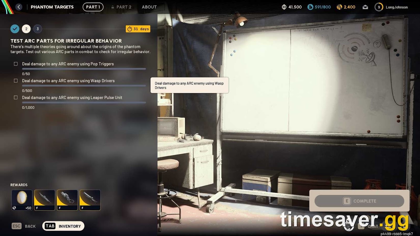 ARC Raiders Phantom Targets Project menu showing the Part 1 and Part 2 tabs and the Test ARC Parts stage objectives — Pop Triggers, Wasp Drivers and the Leaper Pulse Unit