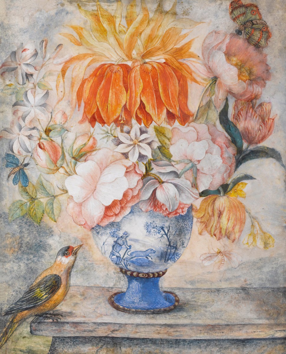 Still Life Of Flowers In A Blue Decorative Vase With A Bird Perched Beside On A