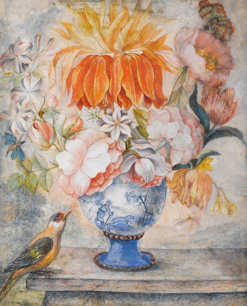 Still Life Of Flowers In A Blue Decorative Vase With A Bird Perched Beside On A