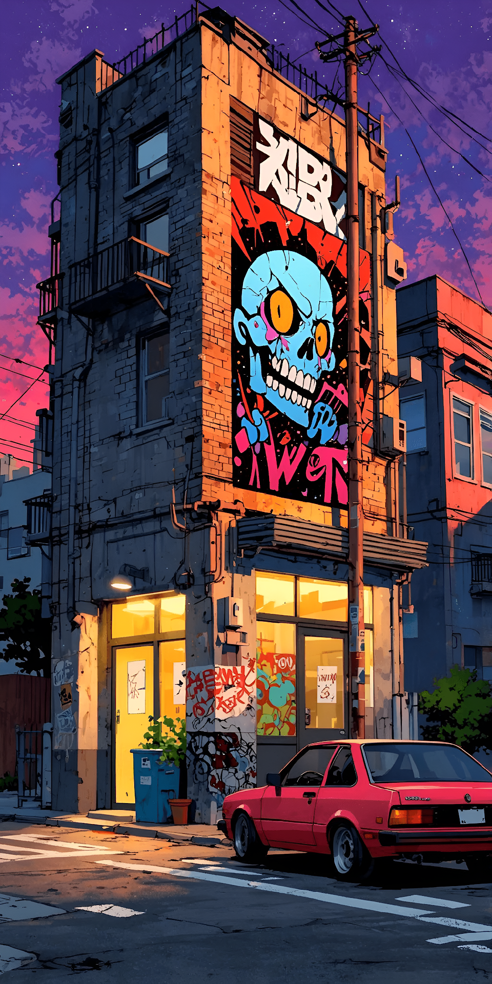 Neon Skull Graffiti Mural on Gritty Urban Building at Sunset - Free 4K mobile Wallpaper