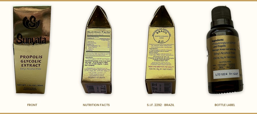 Sunyata Golden box front, Nutrition Facts panel, S.I.F. inspection stamp and bottle label