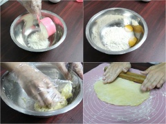 Trong thời gian chờ đợi, cho lần lượt 300g bột mì đa dụng, 1 muỗng canh đường, 2 lòng đỏ trứng, 150ml nước vào tô, nhào đều đến khi hỗn hợp bột quánh mịn lại. Sau đó, tiến hành cán bột thành miếng hình chữ thập, không cần quá mỏng.