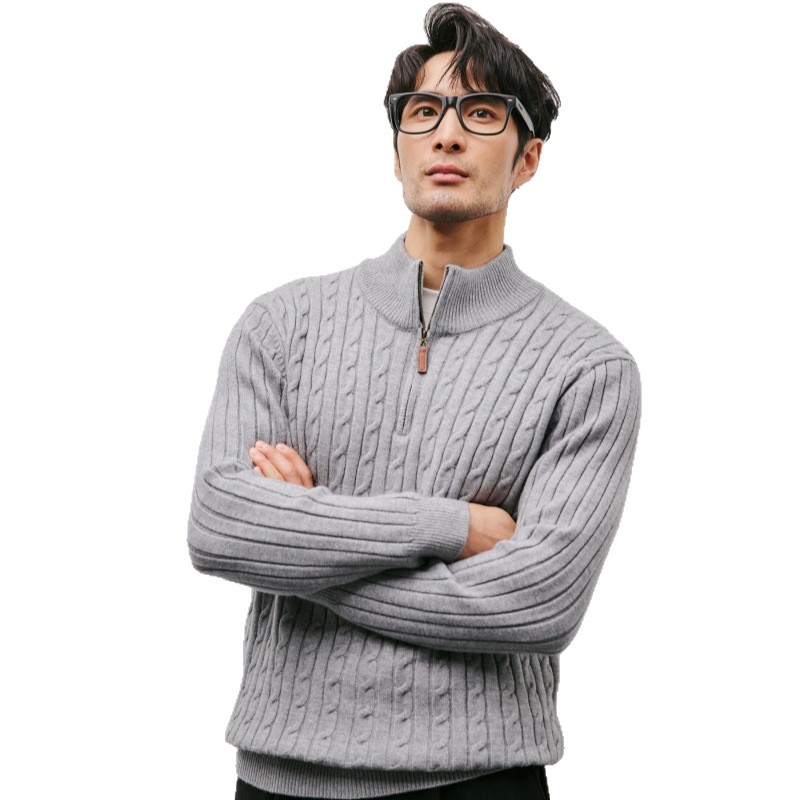 Men's knitted sweater with stand-up collar and zipper