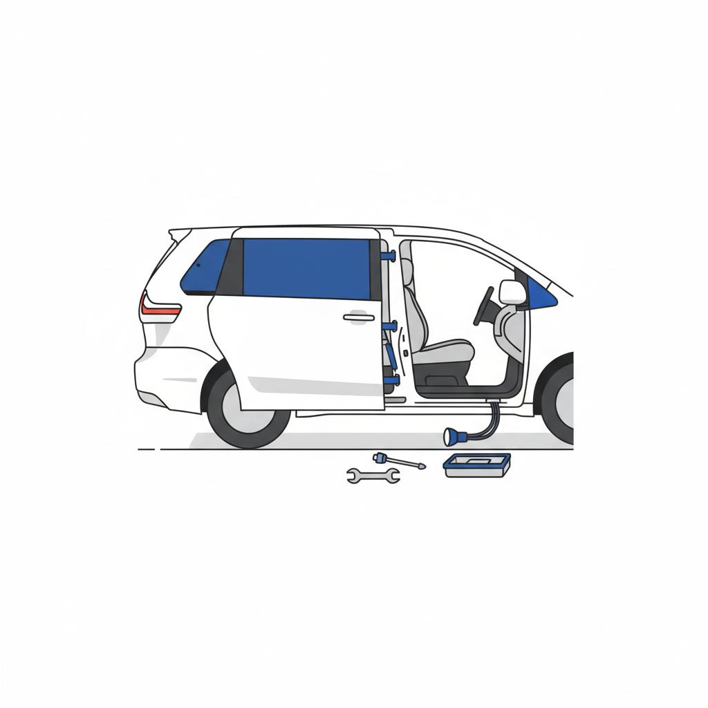 Minimal 2D vector of Toyota Sienna sliding door mechanism in a clean service bay with tools and blue accent highlights used toyota sienna for sale