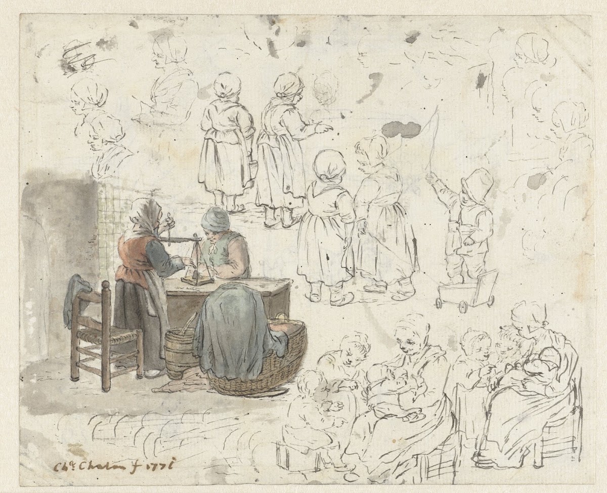 Schetsen van goudweegster en kinderen 1771