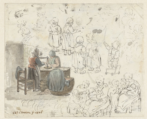 Schetsen van goudweegster en kinderen 1771