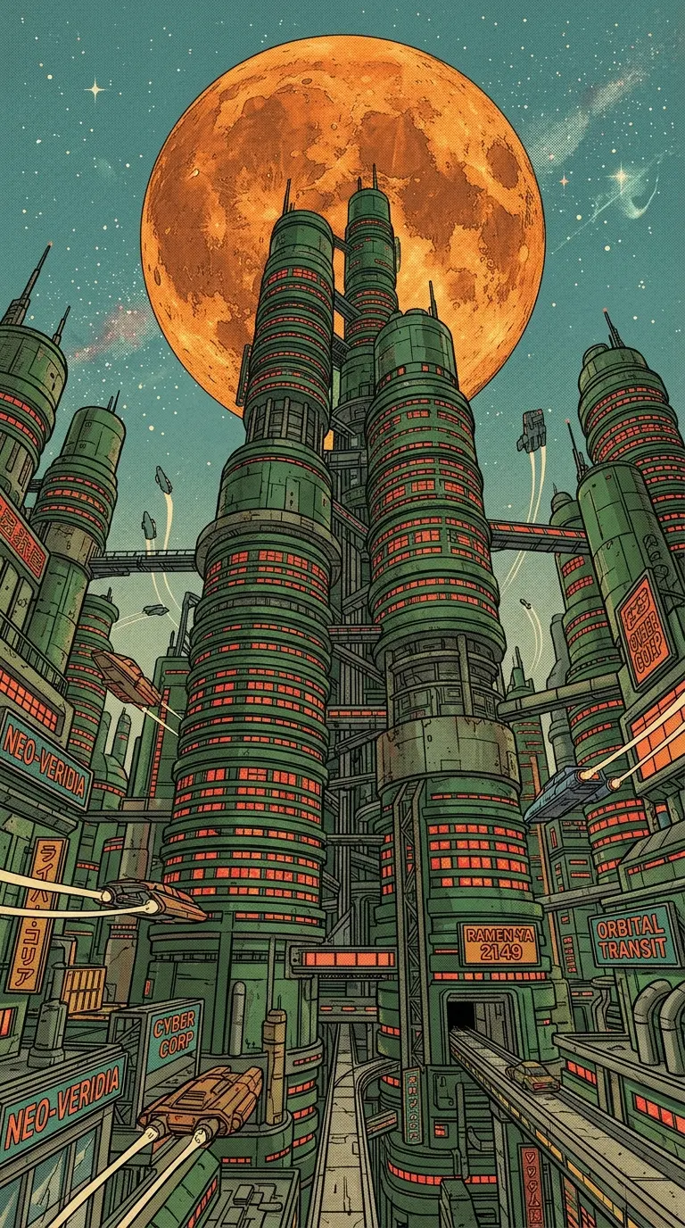 Retro Sci-Fi Green Towers and Giant Orange Moon Illustration - Free 8K and 4K mobile Wallpaper Background