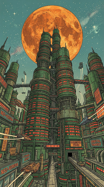 Retro Sci-Fi Green Towers and Giant Orange Moon Illustration - Free mobile Wallpaper