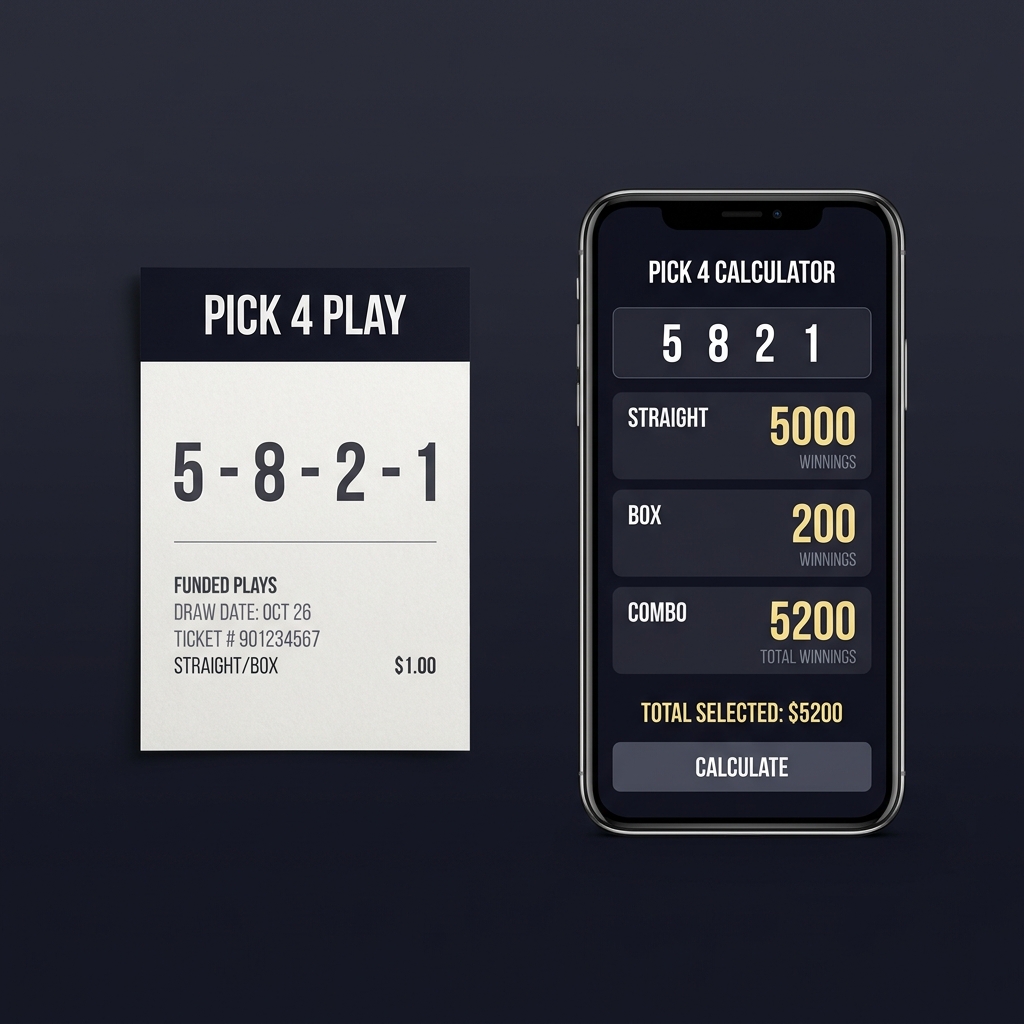 Close up of a Pick 4 ticket next to a smartphone calculator app showing Straight Box and Combo outputs in Funded Plays minimalist colors pick 4 calculator