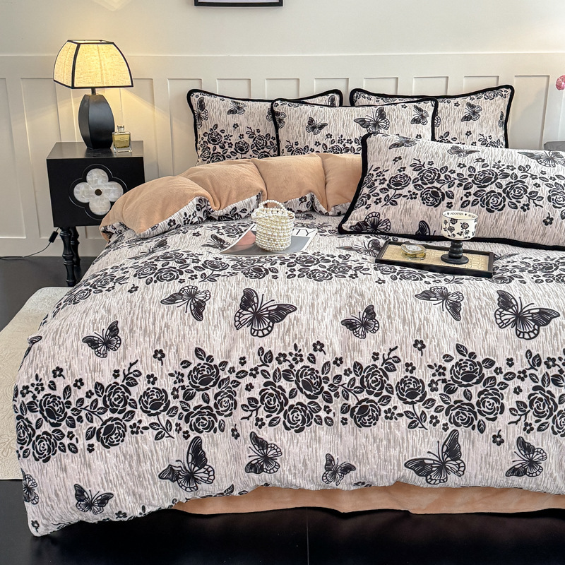 Französisches Milchfleece-Bettwäsche-Set, floral, warm