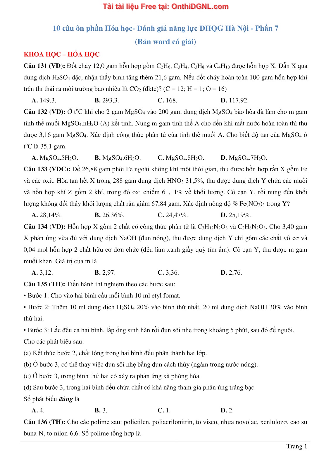 260 bài tập môn Hóa học - Ôn thi ĐGNL ĐHQG Hà Nội Phần 7