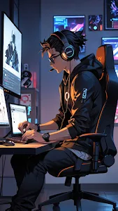 Focused Anime Gamer in Gaming Chair at Night