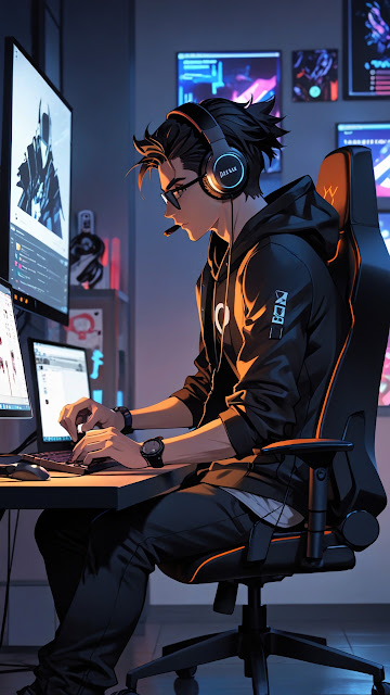 Focused Anime Gamer in Gaming Chair at Night - Free mobile Wallpaper