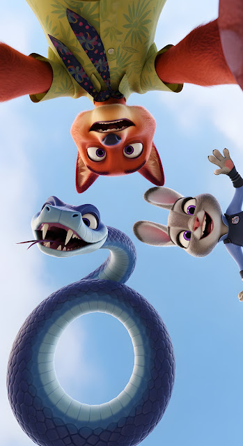 Funny Low-Angle Selfie of Zootopia Characters Nick, Judy, and a Blue Snake - Free mobile Wallpaper