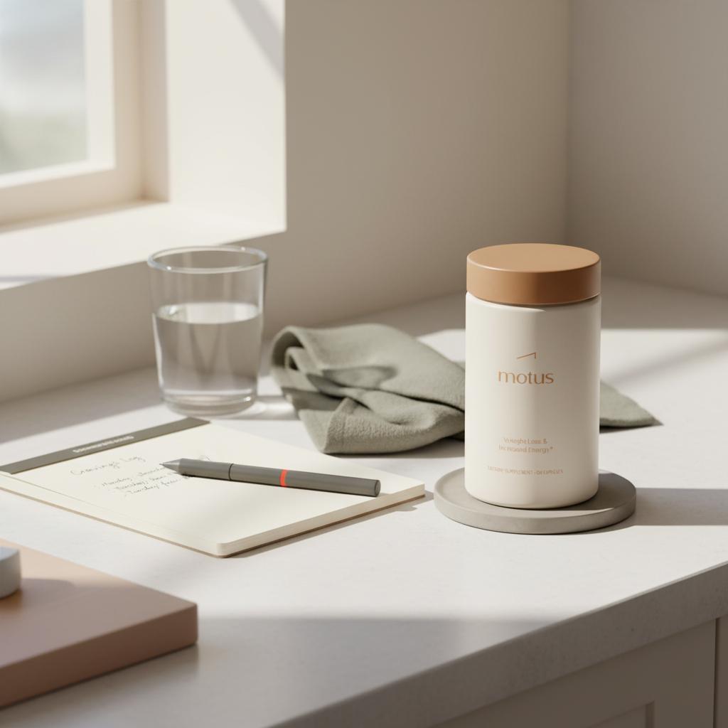 Minimalist kitchen scene with Motus supplement container beside a notebook and pen for a cravings log, illustrating best supplements for sugar cravings