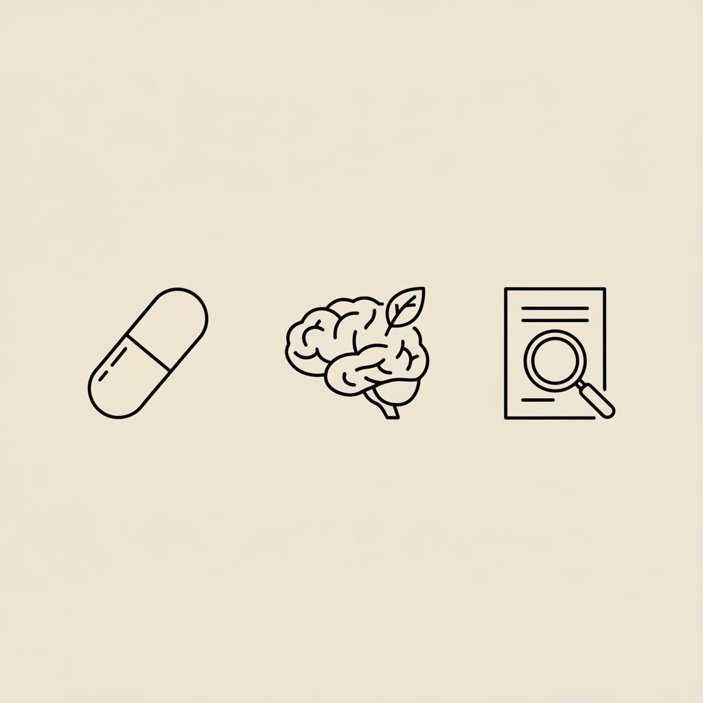 Minimal Tonum-style line illustration of a capsule, brain with a leaf, and magnifying glass over a research paper on beige background, do cognitive supplements actually work
