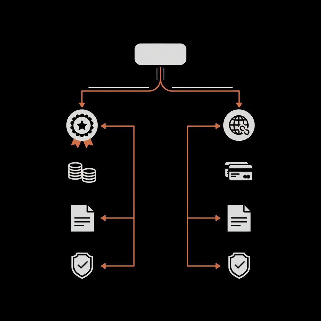 Minimal 2D vector flowchart showing individual (premium badge) and organization (domain proof) verification paths with payment, documents, and safety icons — how much is it to get verified on Twitter
