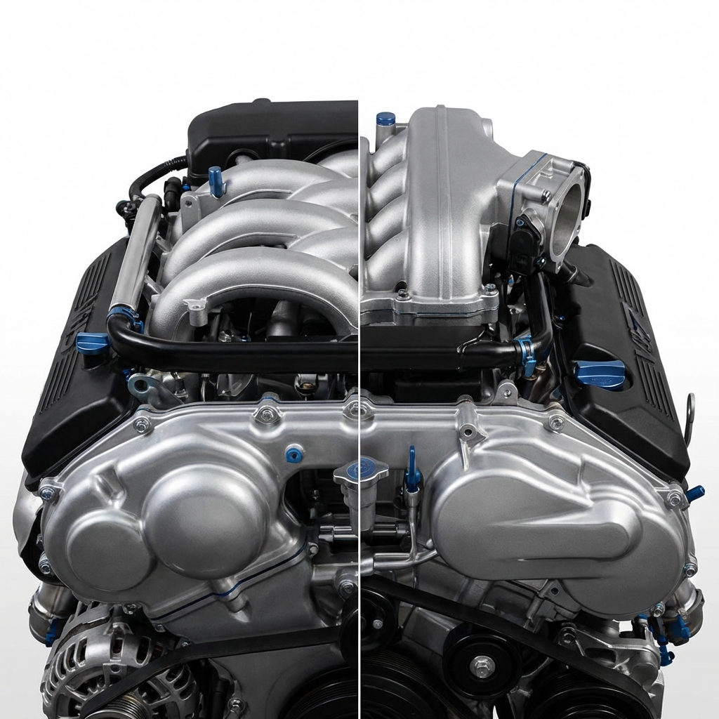 Close up comparison of VQ35 and VQ37 engine bays showing intake and valve cover differences on a Nissan 350Z for sale on a clean white background with blue CarFax Deals accents