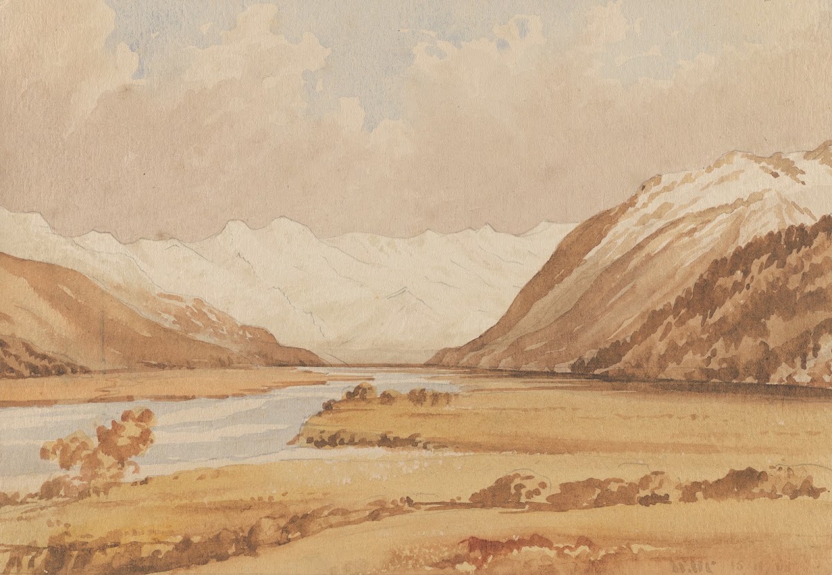 View up Waimakariri from Bealey township Mt Davie in distance 1865