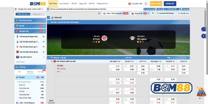 Bảng tỷ lệ kèo trận St Pauli vs RB Leipzig ngày 28/01/2026