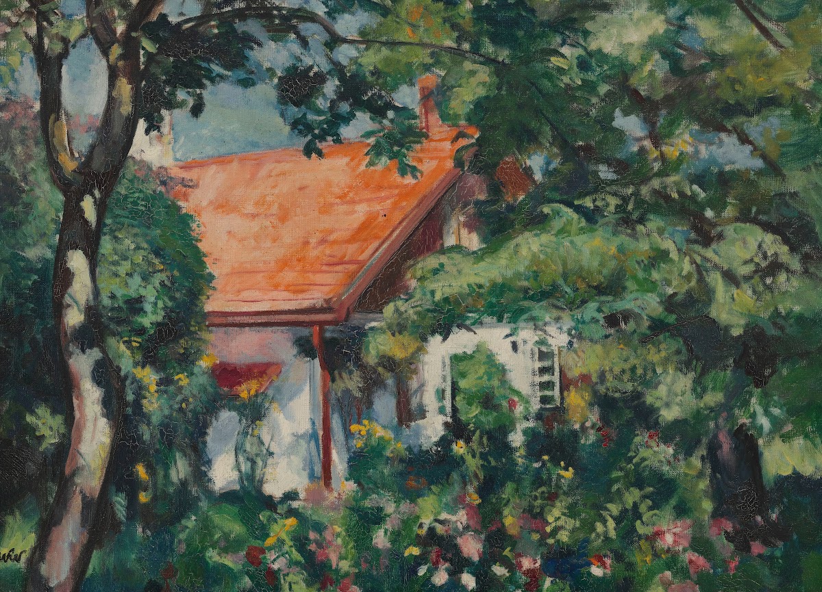 Landscape with hollyhocks