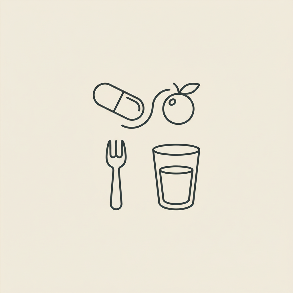 Minimalist Tonum-style vector line illustration of a capsule, stylized berry, fork and water glass on beige background — best chromium supplement for weight loss