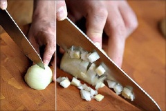 Hành tây rửa sạch, cắt nhỏ hình hạt lựu. Tỏi tây rửa sạch, cắt nhuyễn.