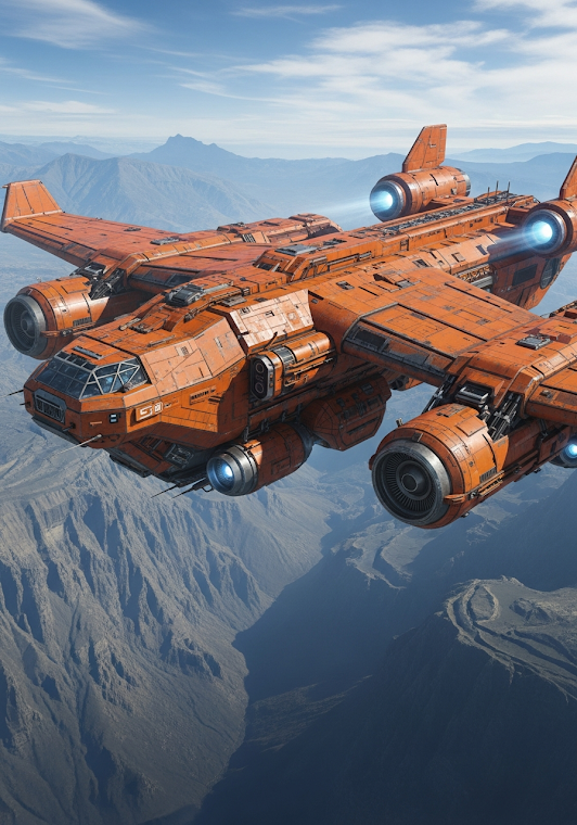 Futuristic Orange Cargo Spaceship Alien Planet