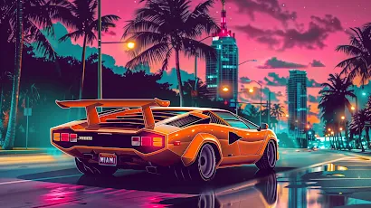 Ai Art, Illustration, Lamborghini Countach, Palm Trees, Synthwave 5K Wallpaper Background