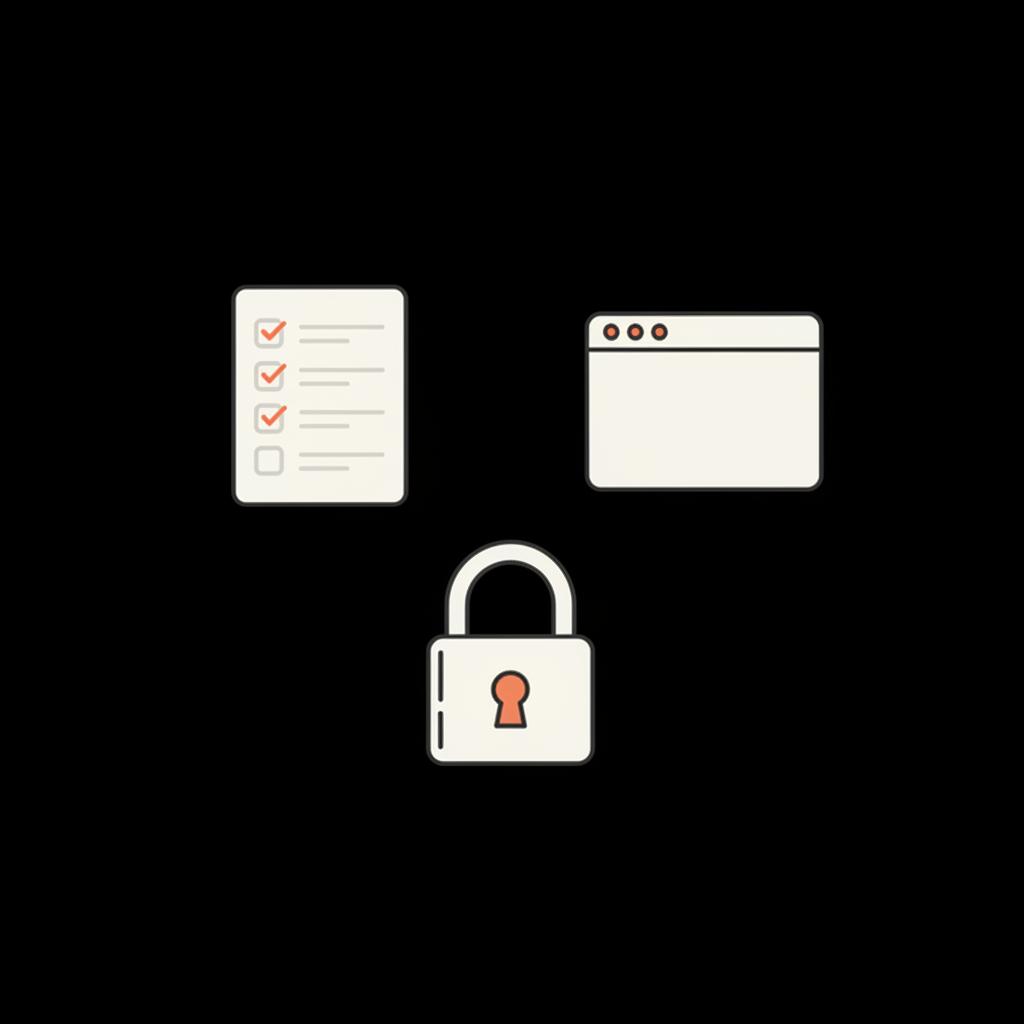 Minimal vector infographic of a checklist sheet, browser window icon, and locked padlock in Social Success Hub brand colors illustrating steps to recover gmail account
