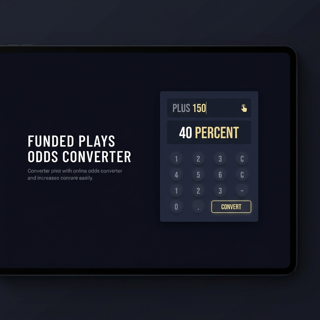 Close up of a minimalist online odds converter showing 40 percent result and plus 150 input with visible calculator numbers in Funded Plays dark palette american odds to percentage