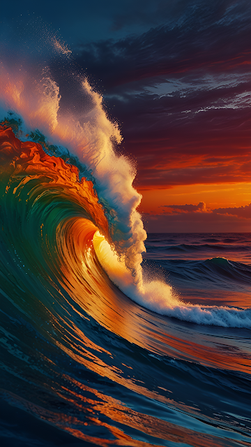 Massive Ocean Wave Glowing at Fiery Sunset - Free mobile Wallpaper