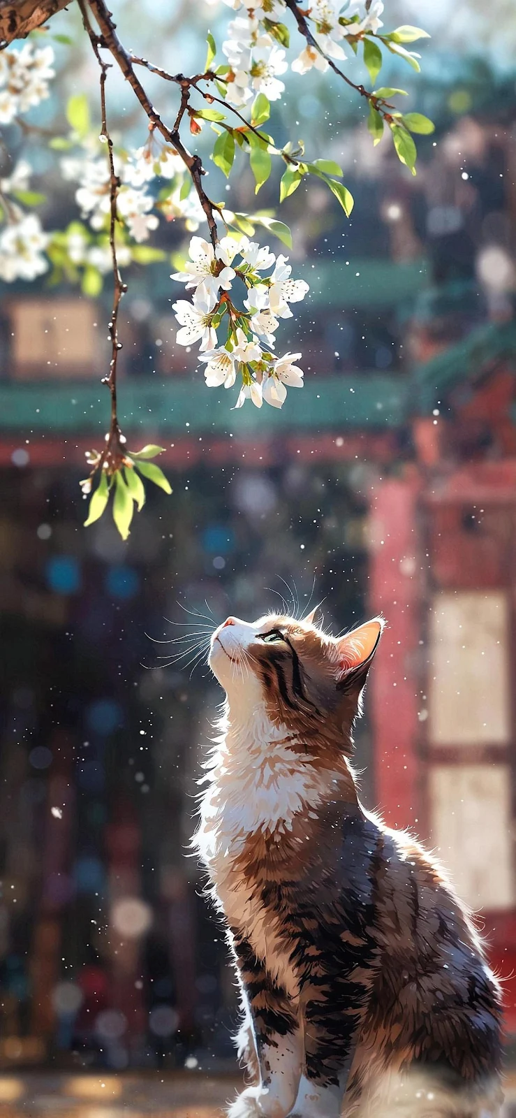 Tabby Cat Under Spring Blossoms - Ethereal Digital Art Full HD iPhone Wallpaper (1175x2545)