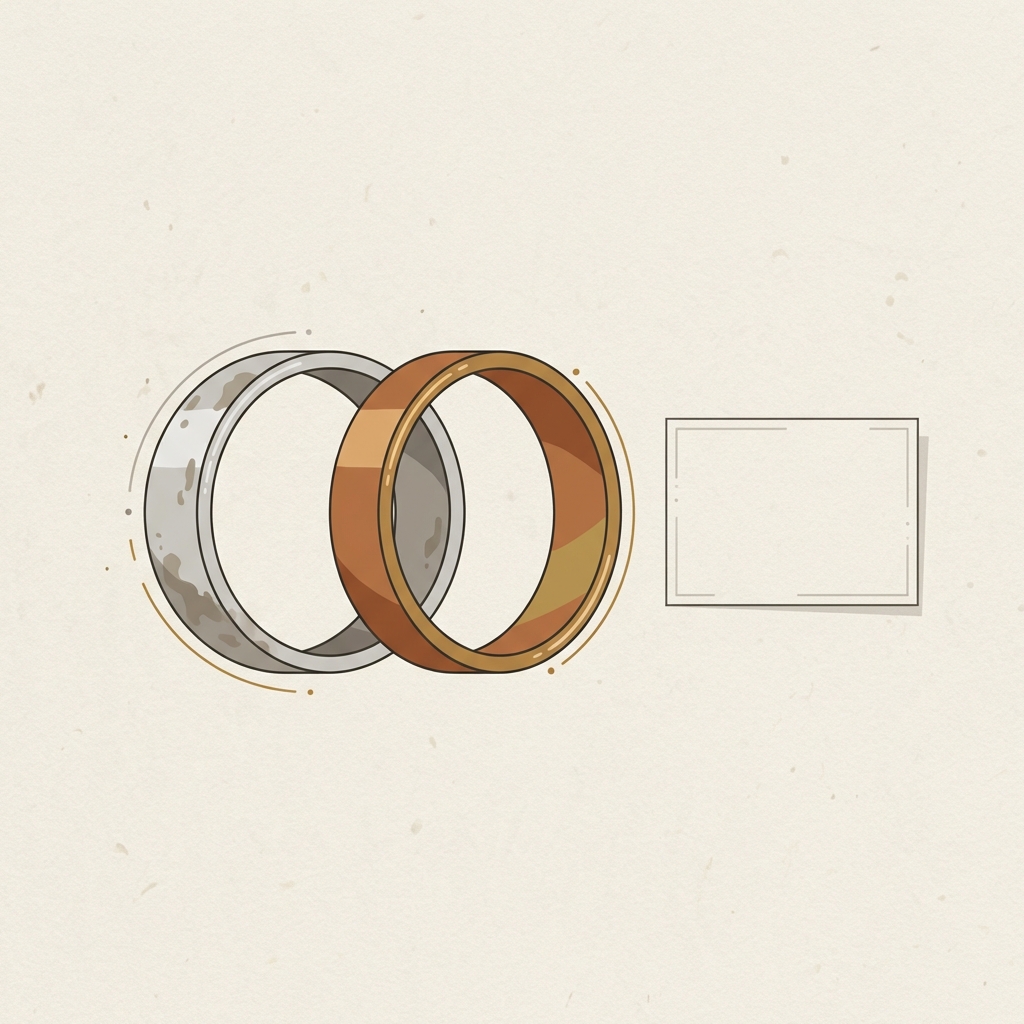 Pair of silver ring with patina and bronze ring on a neutral textured surface with blank condition card beside them minimalist vector illustration ancient roman jewelry examples