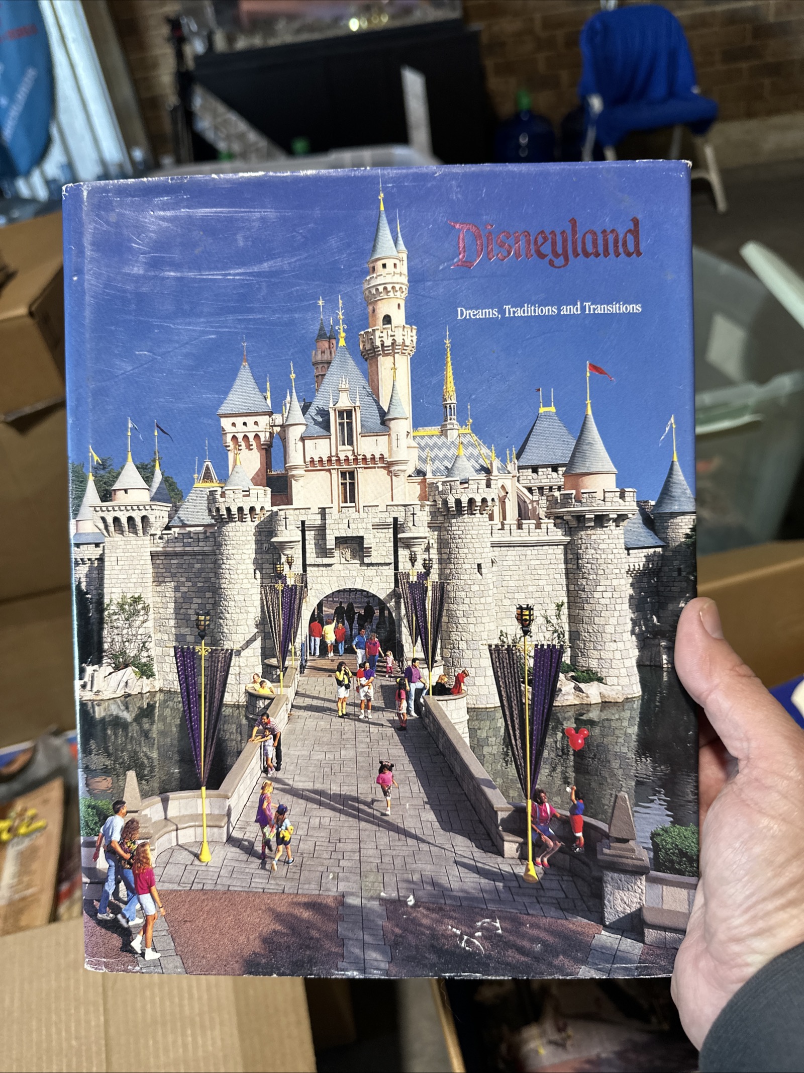 Hardcover coffee table book showing Sleeping Beauty Castle and Mickey Mouse balloon on a blue sky cover, with visible shelf wear on corners and spine