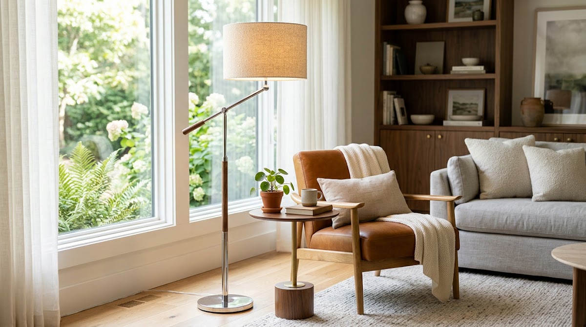 How to Warm Up Chrome Floor Lamps in a Modern Living Room - sculptural chrome lamp with warm wood bookshelf and chair