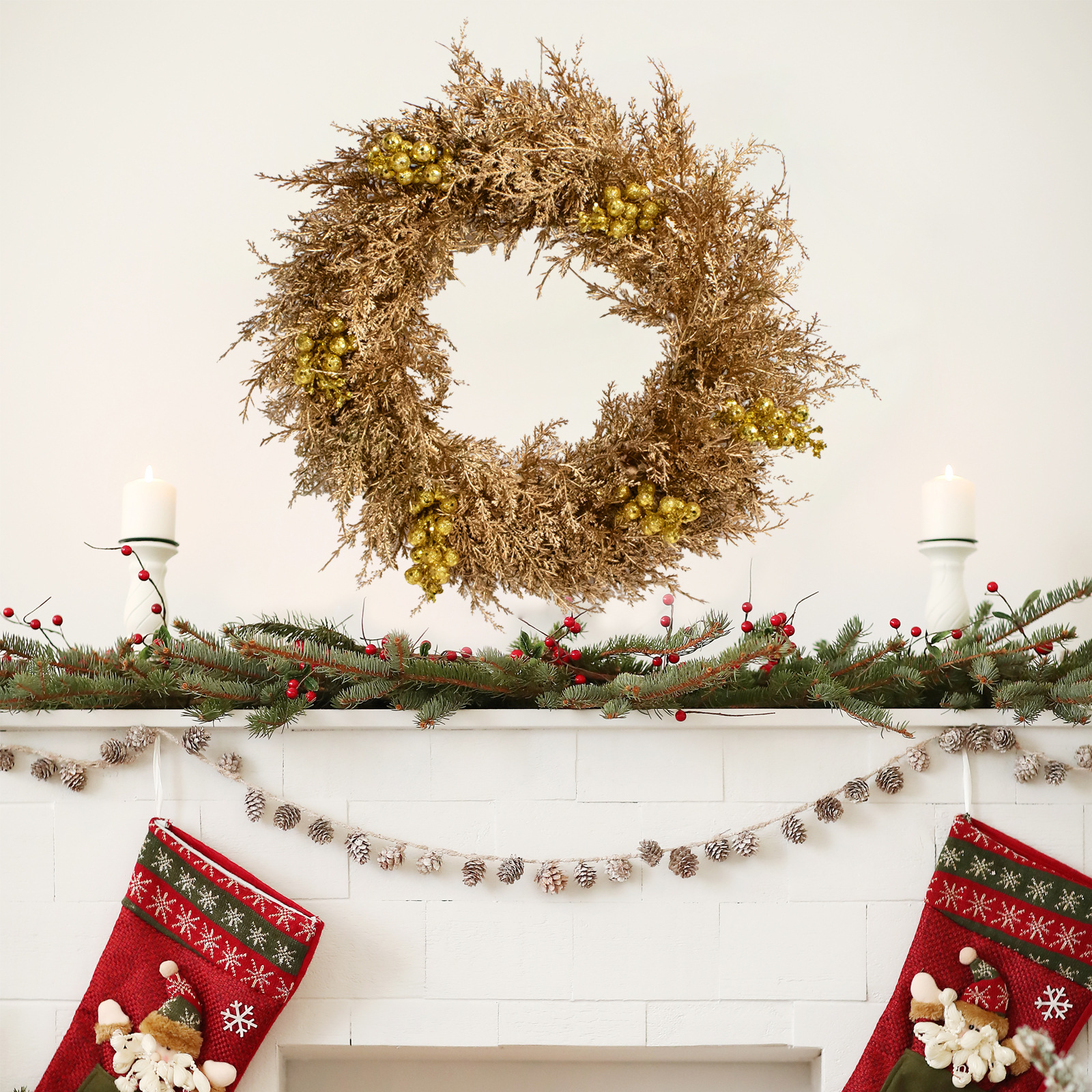 Golden Christmas Door Wreath, Artificial, Handcrafted