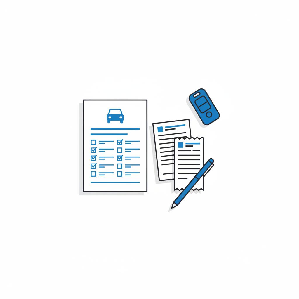 Minimalist 2D vector flat lay of a vehicle history report and service receipts with a pen and key fob in brand colors representing used chargers near me