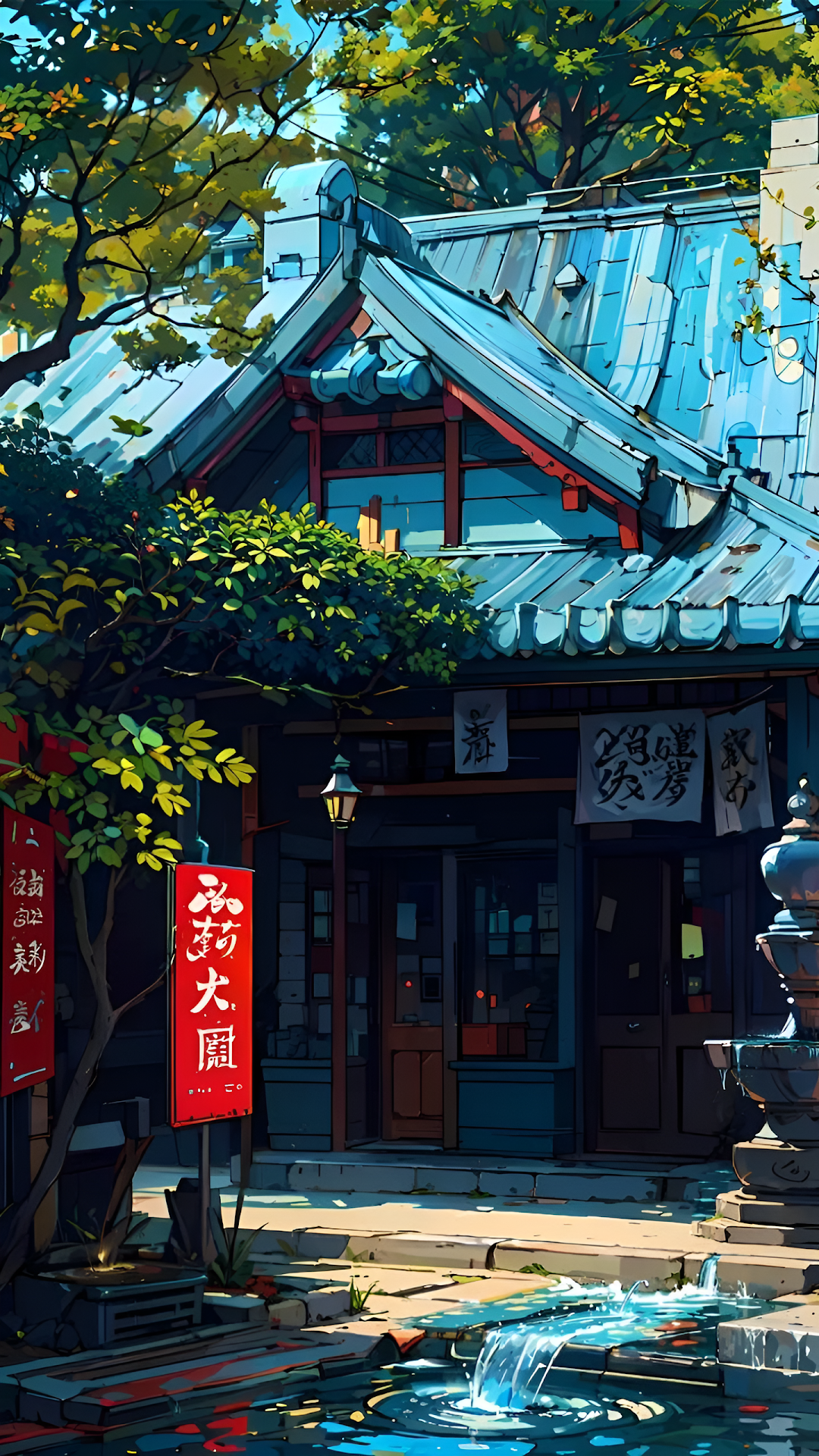 Traditional Japanese Shopfront with Blue Roof and Water Stream - Free 4K mobile Wallpaper