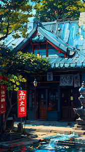 Traditional Japanese Shopfront with Blue Roof and Water Stream